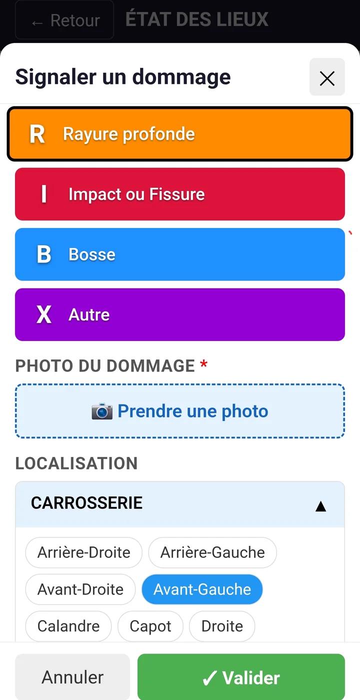 Application WOBcars — signalement d'un dommage (rayure, impact, bosse)